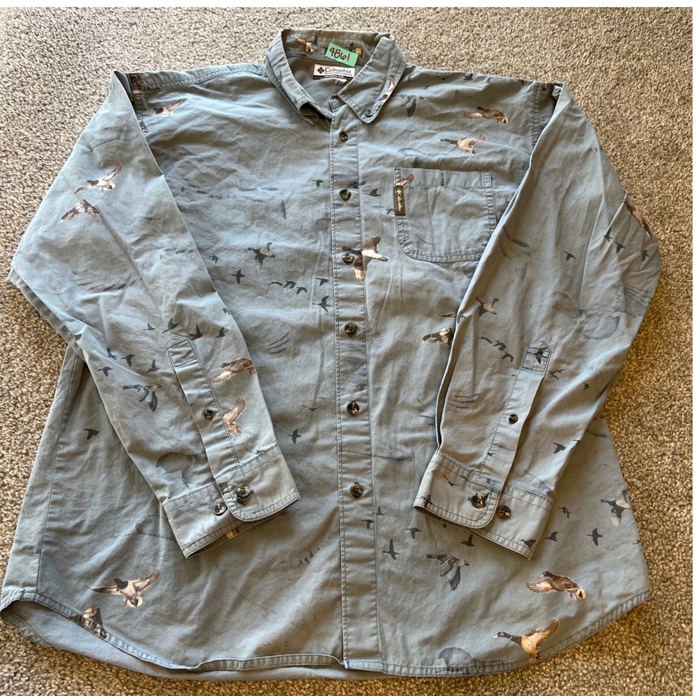 vtg Columbia Shirt Mens L Blue Gray Duck Waterfowl Print Cotton button down hunt